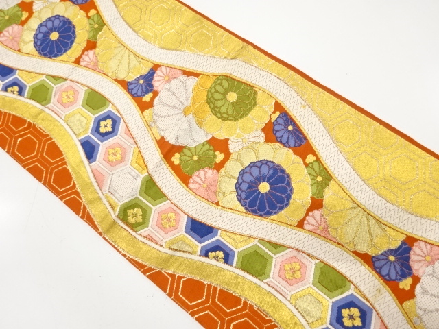 JAPANESE KIMONO / ANTIQUE FUKURO OBI / WOVEN KIKU & TATEWAKU PATTERN